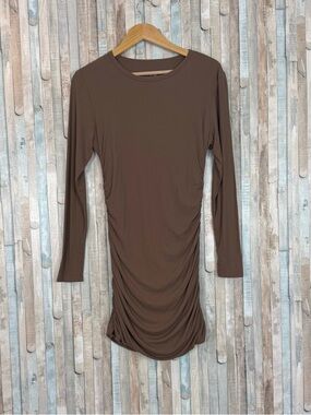 Ogl XL Eco SkinKiss Long Sleeve Ruched Sides Mini Dress Brown Ribbed Jersey Knit